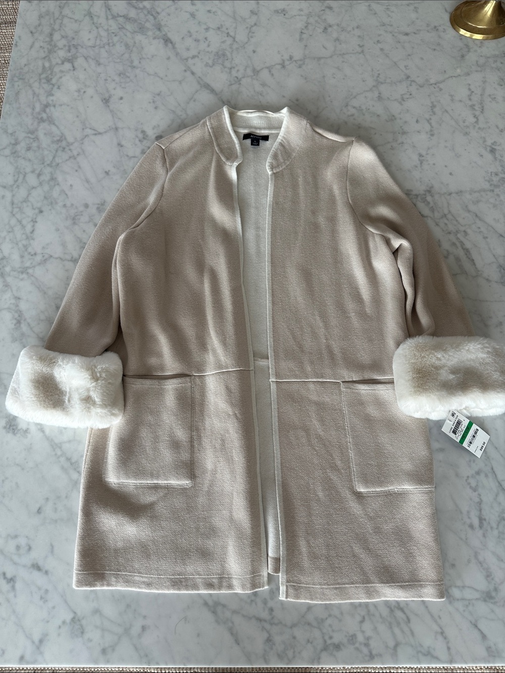 NWT Alfani Open Front Sweater Jacket with Fur Cuffs